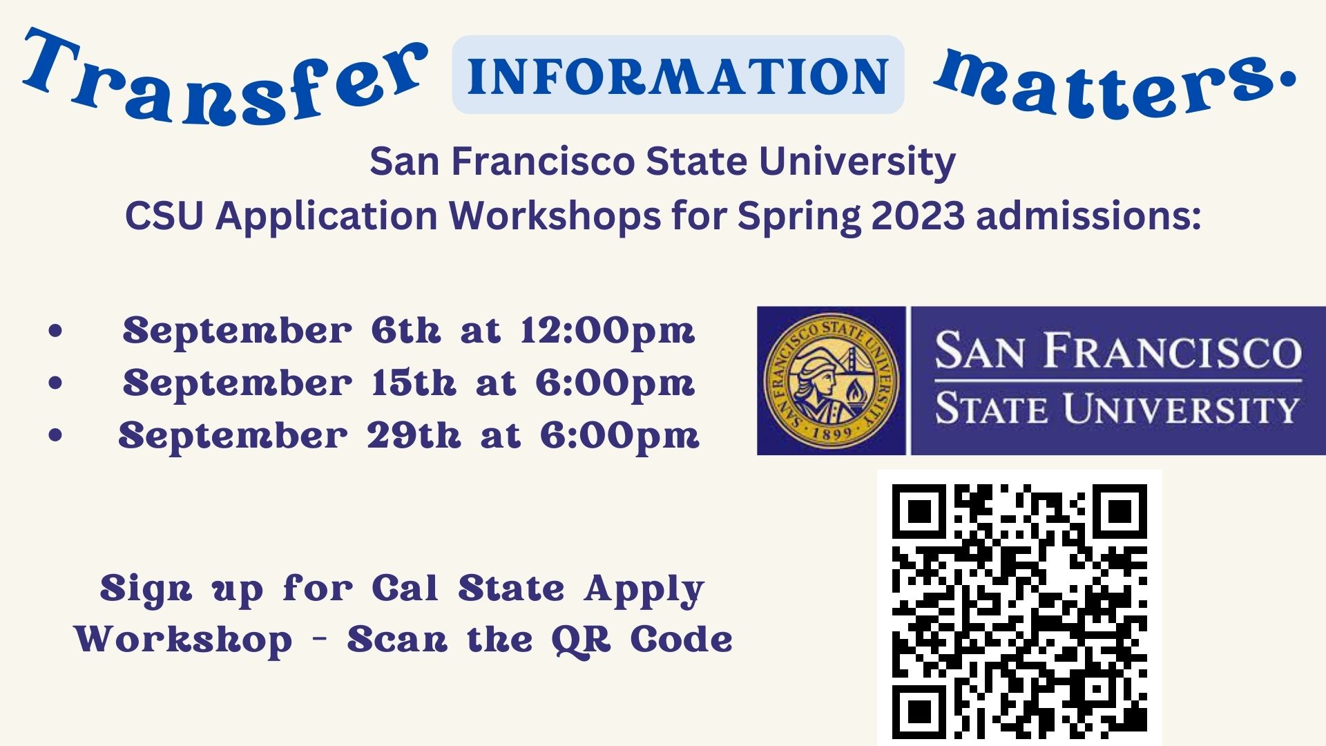 San Francisco State University CSU Application Workshops for Spring 2023 admissions